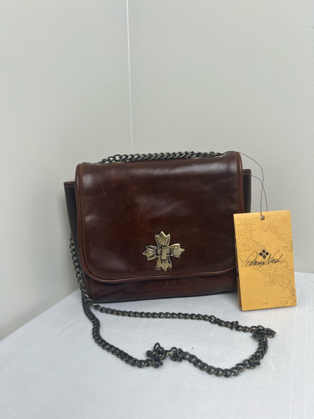 Patricia Nash Harlow Flap Dark Brown Leather Crossbody with Gold Emblem